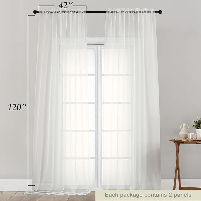Extra Long Sheer Ivory Curtains for Bedroom Living Room 120 Inches Long 2 Panels Set, Solid Soft Light Filtering Rod Pocket Sheer Window Curtains, Ivory, Each 42" Wx120 L Inch