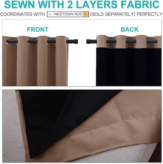 NICETOWN Warm Curtains for Winter, 100% Blackout Curtains Thermal, Noise Reduction and Privacy Curtains for Patio Door, Black Lined Blackout Drapes with Grommets, Cappuccino, 1 Pair, W70 x L84