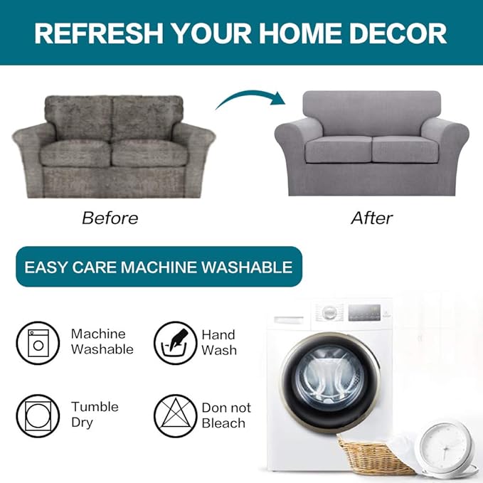 Turquoize 3 Piece Sofa Covers for 2 Cushion Couch Sofa Slipcover Soft Couch Cover for Dogs-Washable Sofa Furniture Covers with 2 Individual Cushion Covers, Thick Jacquard Fabric (Loveseat, Dove)