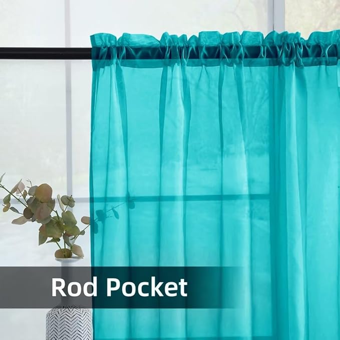 youleyar Solid Sheer Rod Pocket Curtain Voile Draperies 2 Panels White Beige Black Grey Coffee 52 Inch Width 63 Inch Long 1 Pair for Kitchen Bedroom Children Living Room Yard (Peacock Blue,52Wｘ63L)