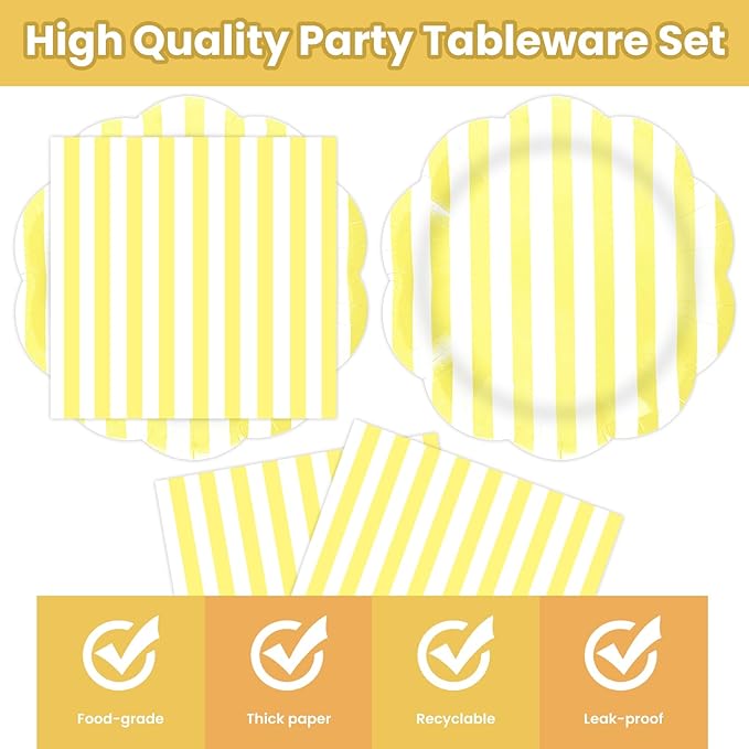 50PCS Yellow Striped Paper Plates and Napkins Party Supplies, Yellow and White Scalloped Party Plates and Napkins Tableware Set for Birthday Bridal & Baby Shower Wedding Party Decoration