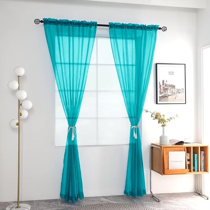 youleyar Solid Sheer Rod Pocket Curtain Voile Draperies 2 Panels White Beige Black Grey Coffee 52 Inch Width 63 Inch Long 1 Pair for Kitchen Bedroom Children Living Room Yard (Peacock Blue,52Wｘ63L)