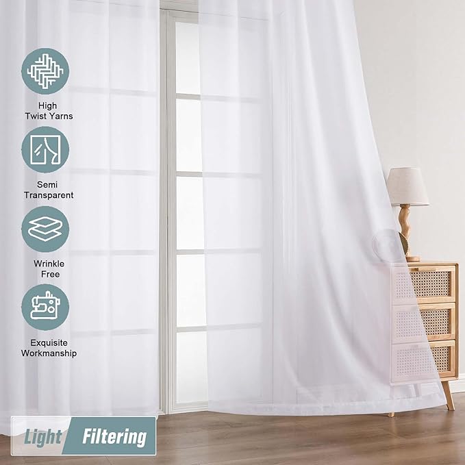 Extra Wide Sheer White Curtains 84 Inches Long 2 Panels, Soft Airy Transparent Light Filtering Elegant Patio Curtains for Sliding Glass Door, Top Dual Rod Pocket Design, 2x59Wx84L Inches