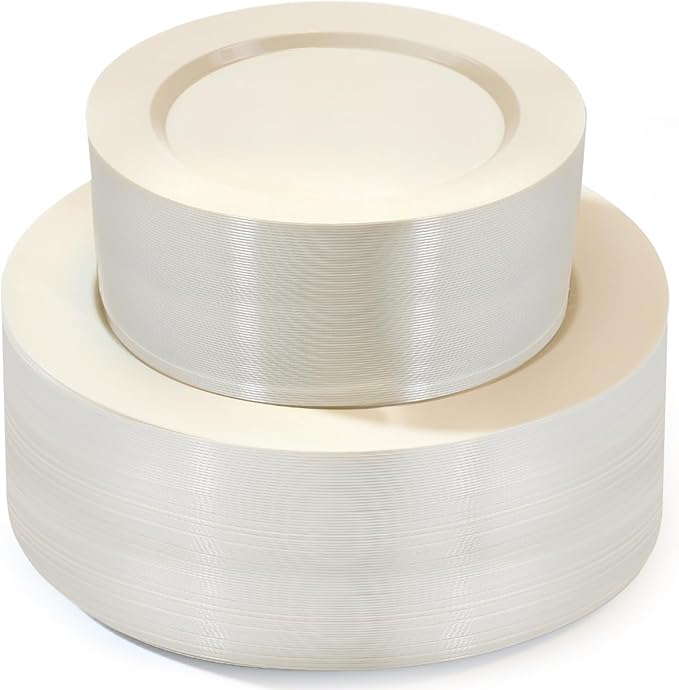 200 PCS Ivory Plastic Plates, Ivory Plastic Disposable Party Plates Include 100 Dinner Plate 10 inch and 100 Dessert Plate 7 inch Perfect for Birthday, Party & Christmas