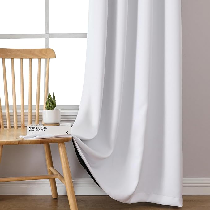 ChrisDowa White 100% Blackout Curtains for Bedroom with Black Liner, 2 Thick Layers Total Blackout Thermal Insulated Grommet Window Curtains 2 Panels Set (Pure White, 52 x 54 Inch)