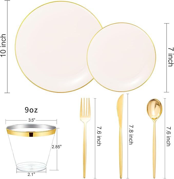 bUCLA 150PCS Ivory Plastic Plates with Gold Trim - Heavy Duty Cream Plastic Disposable for Party & Wedding - Include 25 Each（Dinner & Dessert） Plates, 25 Knives, 25 Forks, 25 Spoons & 25 Cups