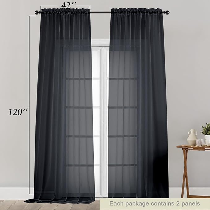 Extra Long Sheer Black Curtains for Bedroom Living Room 120 Inches Long 2 Panels Set, Solid Soft Light Filtering Rod Pocket Sheer Window Curtains, Black, Each 42" Wx120 L Inch