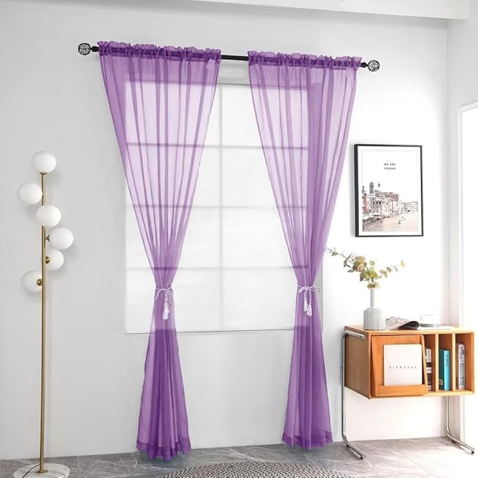 youleyar Solid Sheer Rod Pocket Curtain Voile Draperies 2 Panels White Beige Black Grey Coffee 52 Inch Width 84 Inch Long 1 Pair for Kitchen Bedroom Children Living Room Yard (Lavender,52Wｘ84L)
