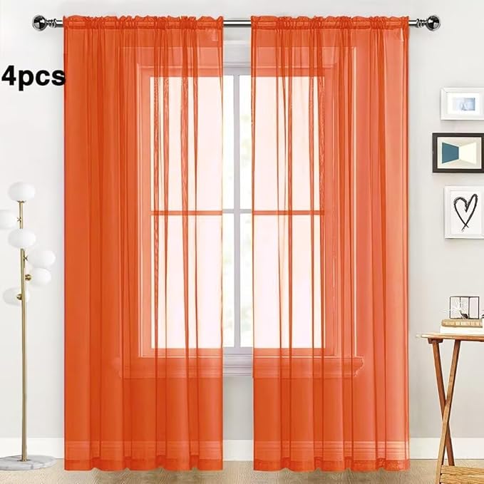 SpaceDresser Burnt Orange Sheer Curtains 4 Panels Rod Pocket Semi-Sheer Curtain 54 Inches Long Light Filtering Voile Window Drapes for Bedroom Living Room Kitchen, Each 52W x54L