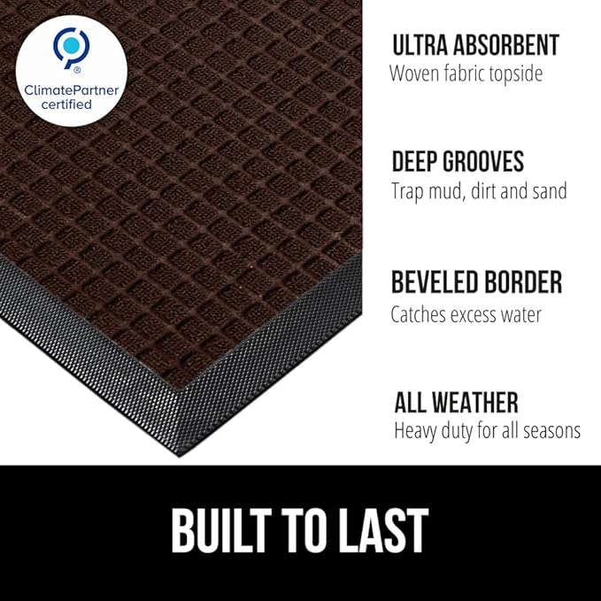 GORILLA GRIP 100% Waterproof All-Season WeatherMAX Doormat, 34x58, US Designed Natural Rubber, Stain and Fade Resistant, Low Profile Indoor Outdoor Door Mats, Easy Clean Patio Mat, Coffee Squares
