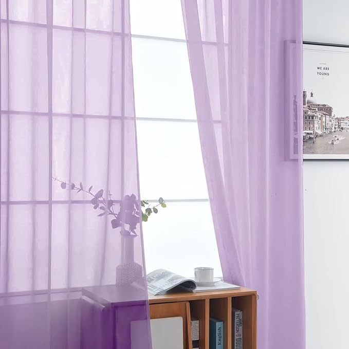 SpaceDresser Lavender Sheer Curtains 4 Panels Rod Pocket Semi-Sheer Curtain 84 Inches Long Light Filtering Voile Window Drapes for Bedroom Living Room Kitchen, Each 52W x 84L