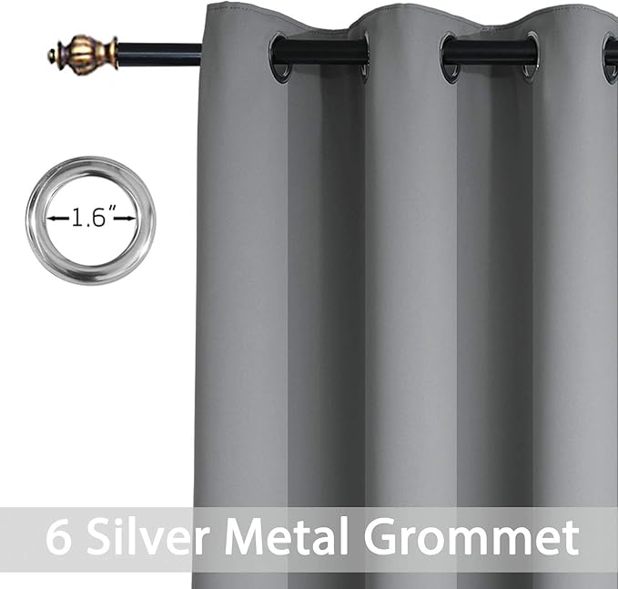 Yakamok Room Darkening Gray Blackout Curtains Thermal Insulated Grommet Curtain Panels for Bedroom, 38W x 72L, Grey, 2 Panels