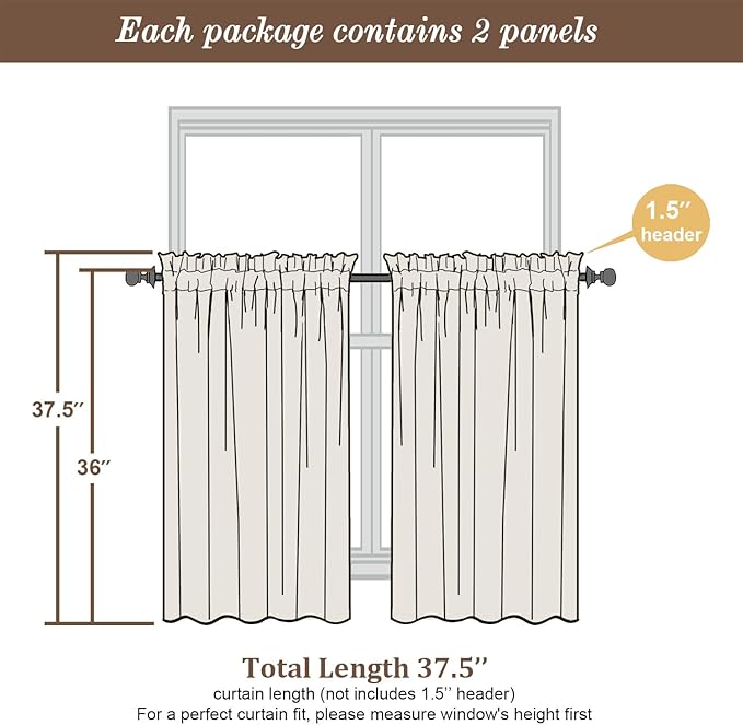 Chyhomenyc Mustard Yellow Short Sheer Curtains 36 inch Length, Light Filtering Half Window Curtians for Kitchen, Elegant Small Curtain for Basement Bathroom Cabinet, 42Wx36L inches, 2 Panels