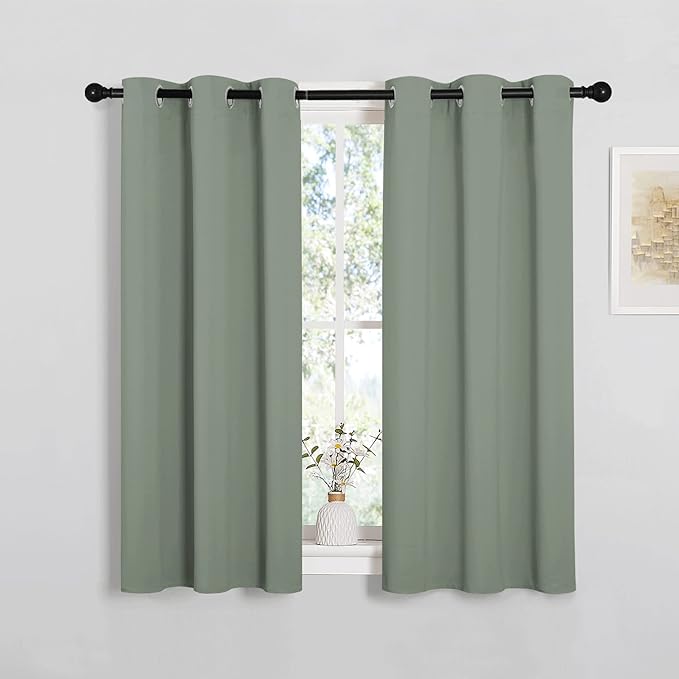 NICETOWN ROM Darkening Curtains 48 inch Length 2 Panels, Thermal Insulated Grommet Blackout Curtains for Modern Casual Elegant Bedroom Kids Room Theme Decoration (Greyish Green, 2 Pieces, W34)