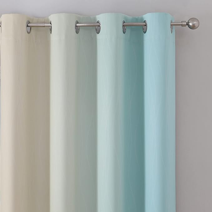 Estelar Textiler Aqua and Beige Gradient Blackout Curtains for Boys Room, Ombre Thermal Insulated Noise Reducing Blackout Drapes for Playroom, Full Room Darkening Grommet Curtains, 52Wx63L, 2 Panels