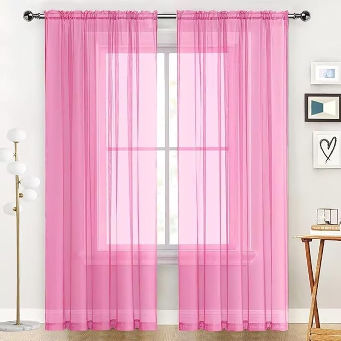 SpaceDresser Basic Rod Pocket Sheer Voile Window Curtain Panels Pink 1 Pair 2 Panels 60 Width 63 Inch Long for Kitchen Bedroom Children Living Room Yard（Pink, 60W x 63L）