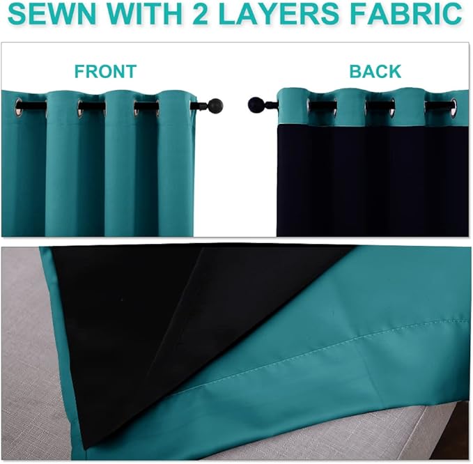 NICETOWN Peacock Teal 100% Blackout Curtains 45 inches Long, 2 Thick Layers Completely Blackout Window Treatment Thermal Insulated Lined Drapes for Small Window (1 Pair, 42 inches Width Each Panel)
