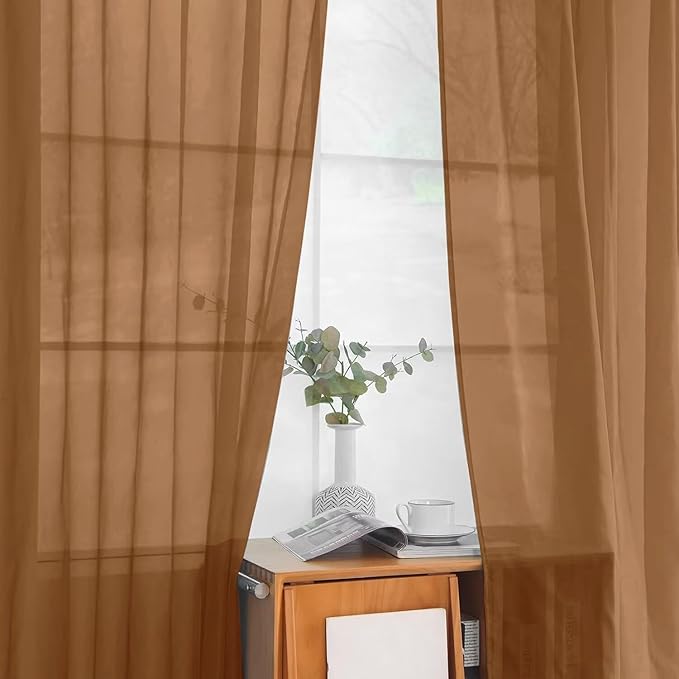 youleyar Solid Sheer Rod Pocket Curtain Voile Draperies 2 Panels White Beige Black Grey Ivory 52 Inch Width 72 Inch Long 1 Pair for Kitchen Bedroom Children Living Room Yard (Light Brown,52Wｘ72L)