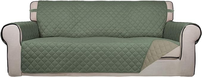 PureFit Reversible Quilted Sofa Cover, Water Resistant Slipcover Furniture Protector, Washable Couch Cover with Non Slip and Elastic Straps for Kids, Dogs, Pets (Sofa, Greyish Green/Beige)