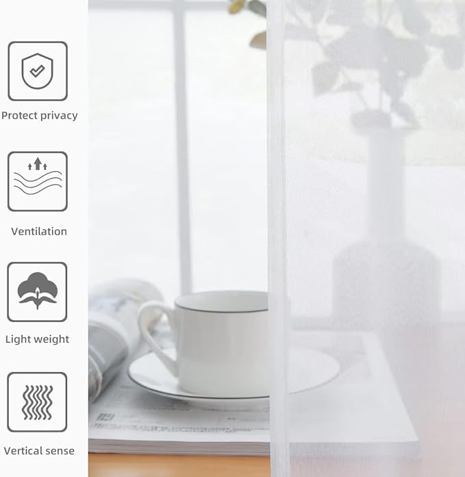 youleyar Solid Sheer Rod Pocket Curtain Voile Draperies 4 Panels White Beige Black Grey Ivory 52 Inch Width 54 Inch Long 1 Pair for Kitchen Bedroom Children Living Room Yard(White,52 Wｘ54 L)