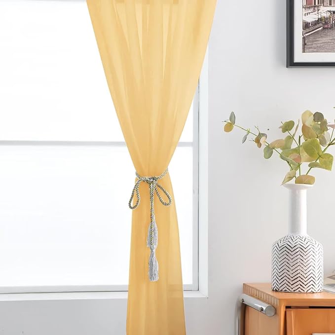 SpaceDresser Basic Rod Pocket Sheer Voile Window Curtain Panels Gold 1 Pair 2 Panels 52 Width 45 Inch Long for Kitchen Bedroom Children Living Room Yard（Gold, 52W x 45L）