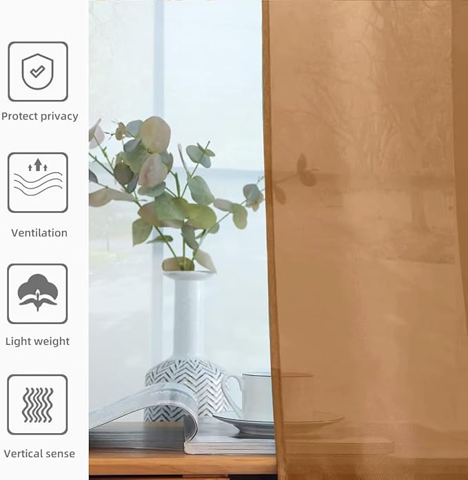 youleyar Solid Sheer Rod Pocket Curtain Voile Draperies 2 Panels White Beige Black Grey Ivory 52 Inch Width 72 Inch Long 1 Pair for Kitchen Bedroom Children Living Room Yard (Light Brown,52Wｘ72L)