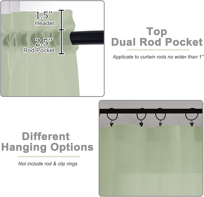Light Green Sheer Curtain for Bedroom Living Room 78 Inches Long 2 Panels Set, Solid Soft Airy Light Filtering Sheer Window Curtains, Modern Rod Pocket Door Curtain, 42" Wx78 L Inches
