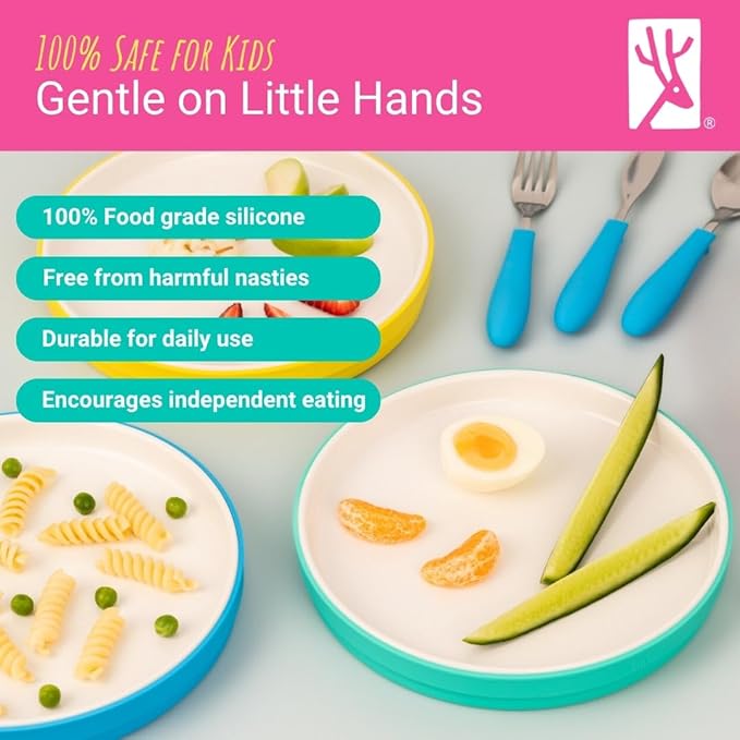 Elk and Friends Kids 7.8” Porcelain White Plates with Silicone Sleeves + Lids | Suitable for Babies/Toddlers | Microwave & Dishwasher Safe | Non Slip Dinnerware | Snack Dishes | 4 Pack