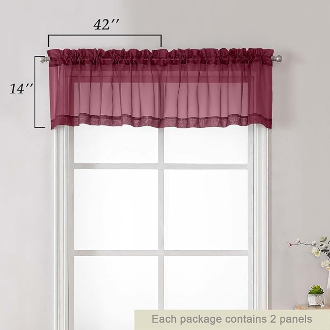 Burgundy Valances for Windows, Burgundy Sheer Curtains 14 Inch Length 2 Pack Kitchen Drapes, Modern Solid Mini Small Window Curtains for Cafe Bathroom Basement, 42" Wx14 L Inches