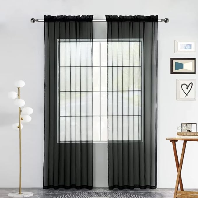 SpaceDresser Sheer Voile Window Treatment Rod Pocket Curtain Panels for Kitchen Bedroom Living Room Drapes Sunlight Filtering Privacy Semi Home Decor Assorted (Black, 52 W x 63 L)
