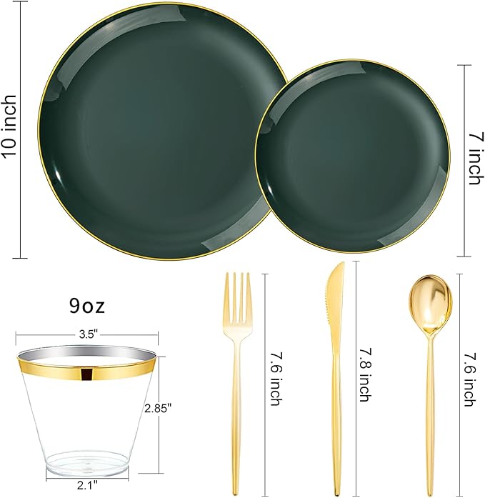 bUCLA 150PCS Green Plastic Plates - Green and Gold Disposable Include 25 Each (Dinner & Dessert) Plates, 25 Knives, 25 Forks, 25 Spoons and 25 Cups, Ideal for Party&Christmas
