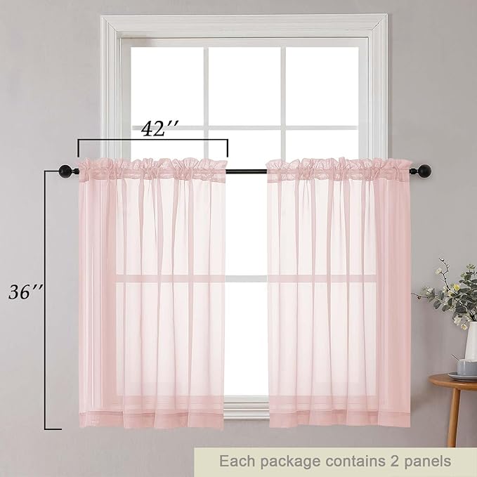 Cafe Curtains 36 Inch Length Tier 2 Pieces, Modern Soft Airy Sheer Kitchen Short Curtains for Small Window, Rod Pocket Small Curtain for Bathroom Basement, Blush, Each, 42" Wx36 L Inches