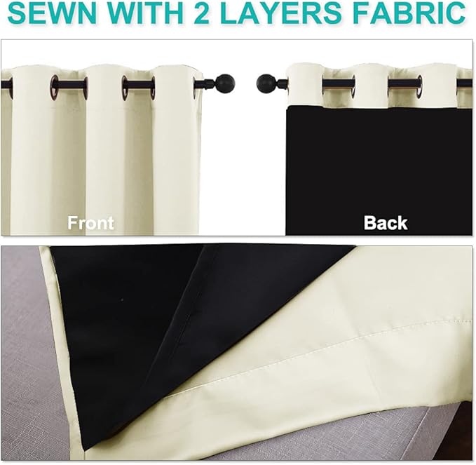 NICETOWN Living Room Completely Shaded Draperies, Privacy Protection & Noise Reducing Ring Top Drapes, Black Lined Insulated Window Treatment Curtain Panels (Beige, 2 Pieces, W46 x L72)