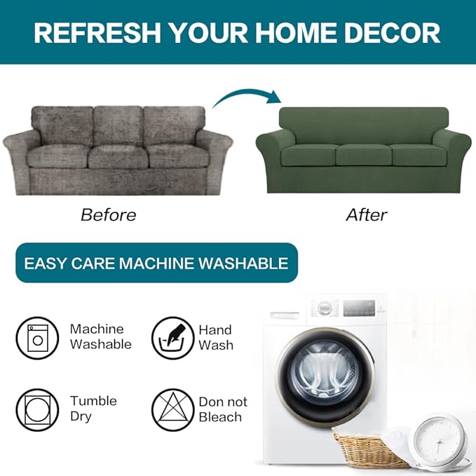 Turquoize 4 Piece Sofa Covers for 3 Cushion Couch Sofa Slipcover Soft Couch Cover for Dogs-Washable Sofa Furniture Covers with 3 Individual Cushion Covers (3 Cushion Sofa, Bronze Green)