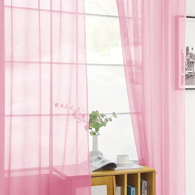 SpaceDresser Sheer Voile Window Treatment Rod Pocket Curtain Panels for Kitchen Bedroom Living Room Drapes Sunlight Filtering Privacy Semi Home Decor Assorted (Light Pink, 52 W x 90 L)