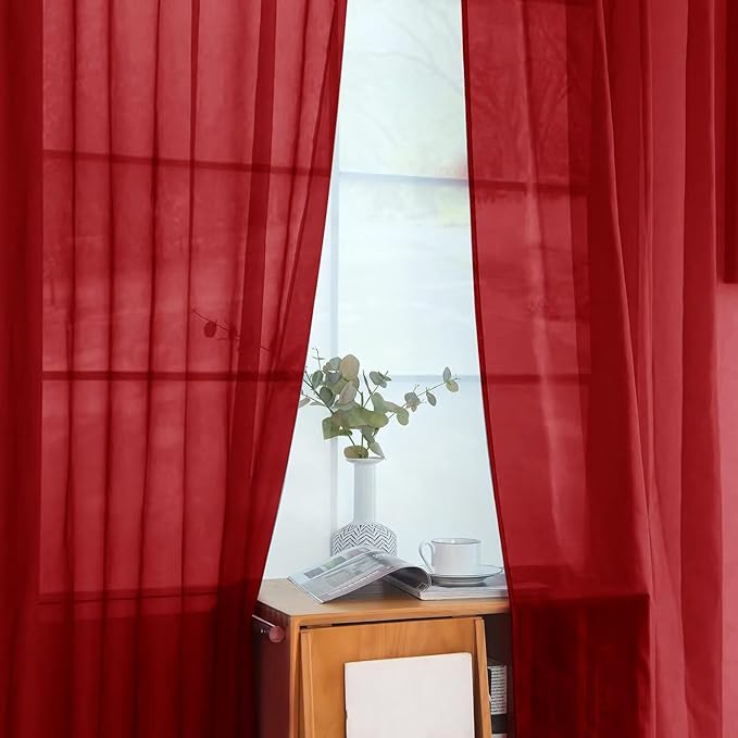 youleyar Solid Sheer Rod Pocket Curtain Voile Draperies 2 Panels White Beige Black Grey Ivory 52 Inch Width 108 Inch Long 1 Pair for Kitchen Bedroom Children Living Room Yard (Christmas Red,52Wｘ108L)