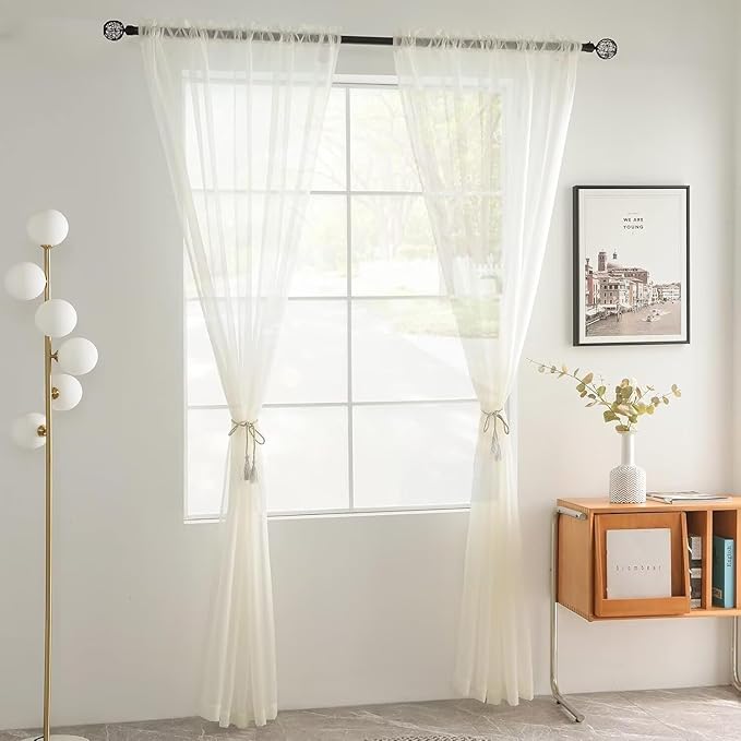 youleyar Solid Sheer Rod Pocket Curtain Voile Draperies 4 Panels Ivory Beige Black Grey Coffee 52 Inch Width 90 Inch Long 1 Pair for Kitchen Bedroom Children Living Room Yard(Ivory,52Wｘ90L)