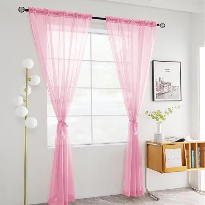 youleyar Solid Sheer Rod Pocket Curtain Voile Draperies 2 Panels White Beige Black Grey Coffee 52 Inch Width 108 Inch Long 1 Pair for Kitchen Bedroom Children Living Room Yard (Pink, 52Wx108L)
