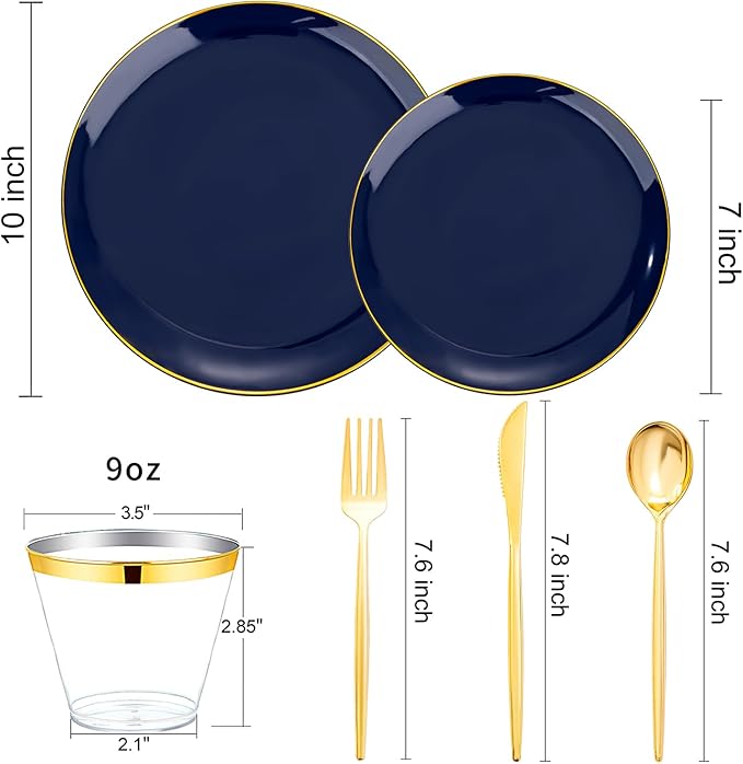 bUCLA 150PCS Blue and Gold Plastic Plates - 25 Guests Navy Blue Plastic Dinnerware Disposable for Party and Hanukkah - Include 25 Dinner/Dessert Plates, 25 Knives, 25 Forks, 25 Spoons, 25 Cups