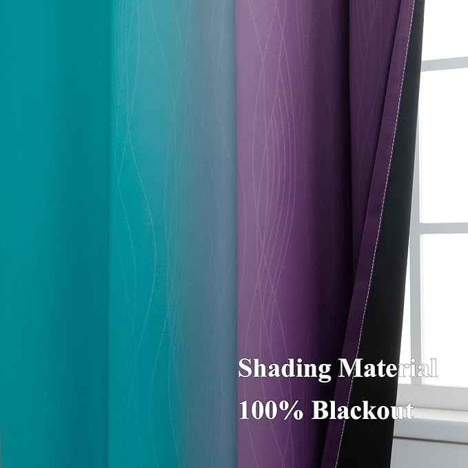 Teal and Purple Gradient Curtains 63 Inch Length 2 panels, Ombre and Wavy Line Pattern Blackout Curtains for Kids Room, Full Light Blocking Thermal Insulated Grommet Drapes for Bedroom, 52x63 Inch