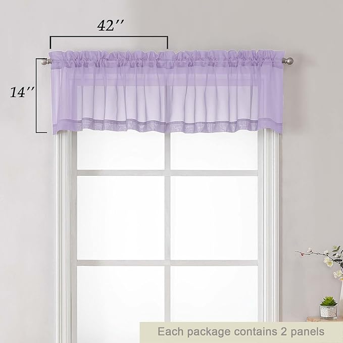 Lavender Valances for Windows, Lavender Sheer Curtains 14 Inch Length 2 Pack Kitchen Drapes, Modern Solid Mini Small Window Curtains for Cafe Bathroom Basement, 42" Wx14 L Inches