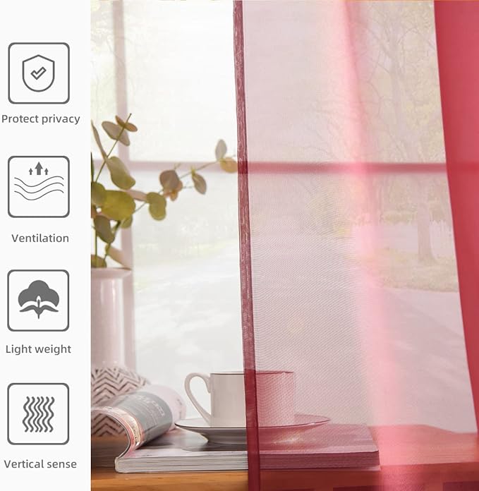 youleyar Solid Sheer Rod Pocket Curtain Voile Draperies 2 Panels White Beige Black Grey Coffee 52 Inch Width 96 Inch Long 1 Pair for Kitchen Bedroom Children Living Room Yard (Wine Red,52Wｘ96L)