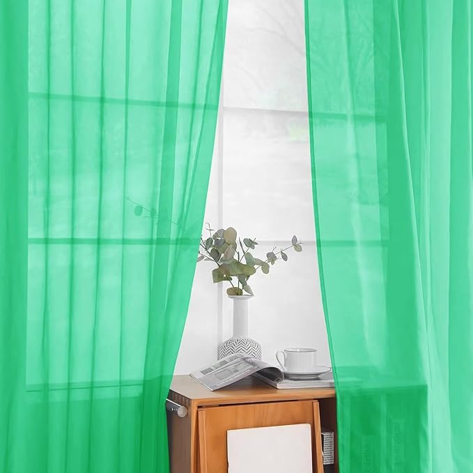 youleyar Solid Sheer Rod Pocket Curtain Voile Draperies 2 Panels White Beige Black Grey Ivory 52 Inch Width 84 Inch Long 1 Pair for Kitchen Bedroom Children Living Room Yard (Grass Green,52Wｘ84L)