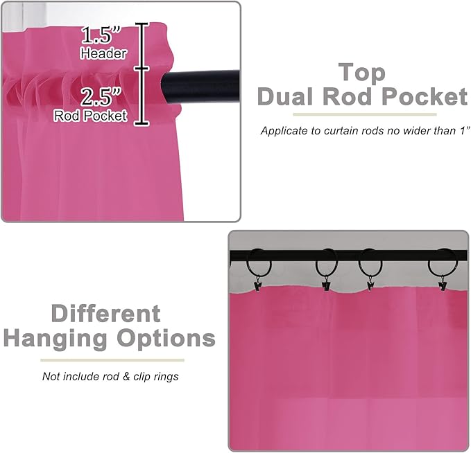 Hot Pink Sheer Curtains for Bedroom Living Room 45 Inch Length 2 Panels, Soft Airy Light Filtering Small Kitchen Window Curtains, Rod Pocket Short Curtain Drapes, Hot Pink, 42" Wx45 L Inches