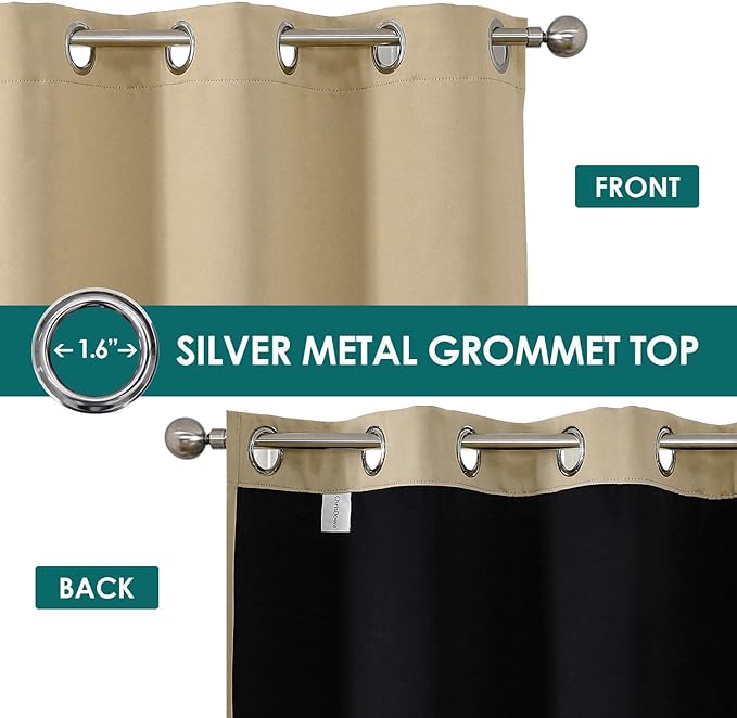 ChrisDowa 100% Blackout Curtains for Bedroom with Black Liner, 2 Thick Layers Total Blackout Thermal Insulated Grommet Window Curtains 2 Panels Set (Beige, 52 x 72 Inch)
