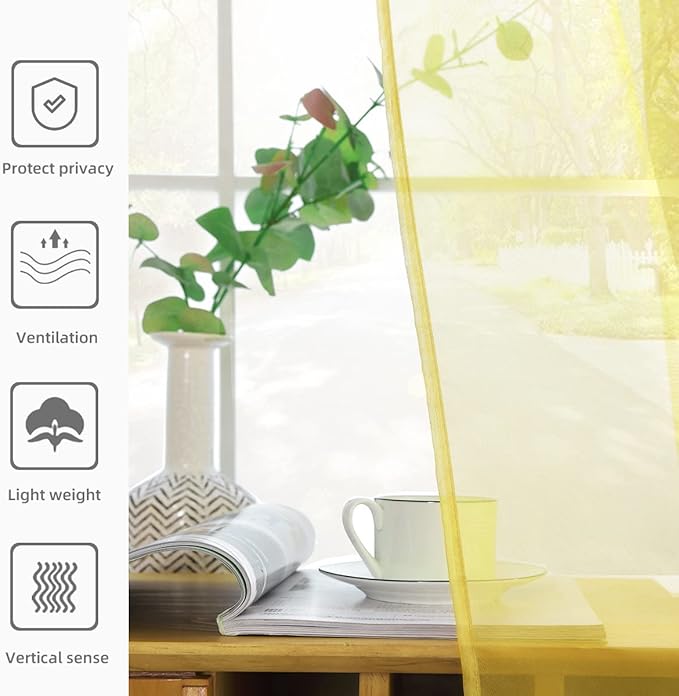 youleyar Solid Sheer Rod Pocket Curtain Voile Draperies 2 Panels White Beige Black Grey Coffee 52 Inch Width 84 Inch Long 1 Pair for Kitchen Bedroom Children Living Room Yard (Yellow,52Wｘ84L)