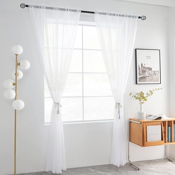 youleyar Solid Sheer Rod Pocket Curtain Voile Draperies 2 Panels White Beige Black Grey Coffee 42 Inch Width 45 Inch Long 1 Pair for Kitchen Bedroom Children Living Room Yard(White,42Wｘ45L)