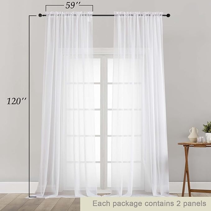 Extra Long Sheer White Curtains for Bedroom Living Room 120 Inches Long 2 Panels Set, Solid Soft Light Filtering Rod Pocket Sheer Window Curtains, White, Each 59" Wx120 L Inch