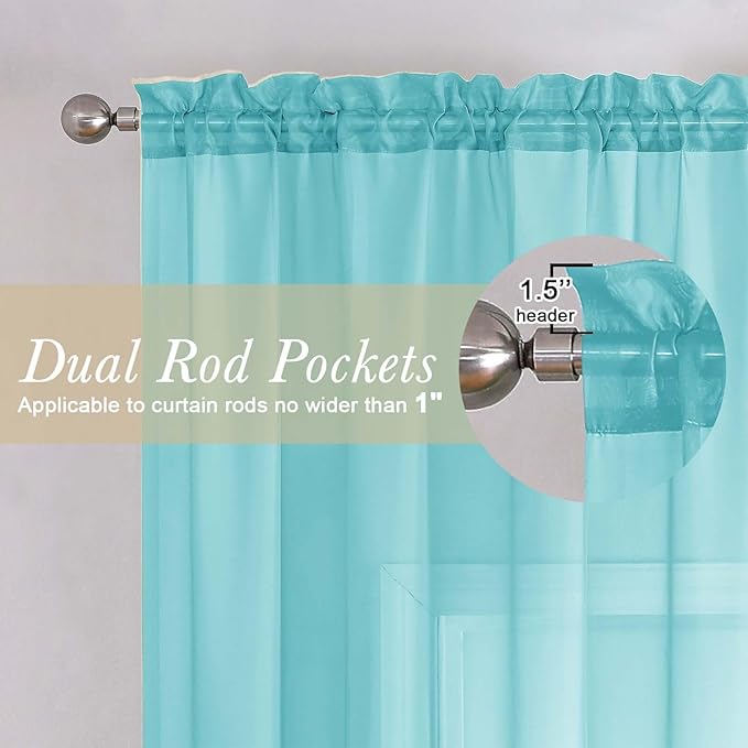 Lecloud Aqua Sheer Curtains for Living Room 63 Inch Length 2 Pcs, Voile Light Filtering Modern Farmhouse Decor Drapes, Rod Pocket Window Curtains for Bedroom Dining Room, Each Panel 42" W x 63" L