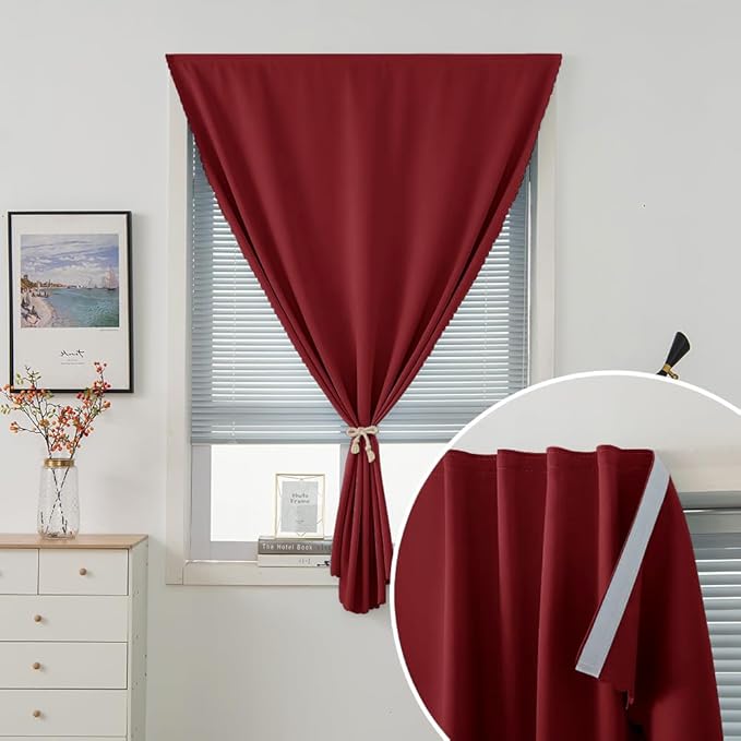 Self Adhesive Curtains, Stick Curtain Blackout Shades Window Cover Curtains for Living Room No Drilling, 35" W X 79" L, Burgundy, 1 Panel